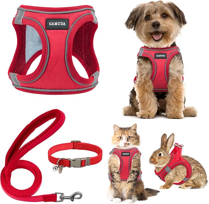 GAMUDA Small Pet Harness Collar and Leash Set, Step in No Chock No Pull Linen Fabric Soft Mesh Dog Vest Harnesses Reflective for Dogs Puppy Cats Kitten Rabbit (Red, L)