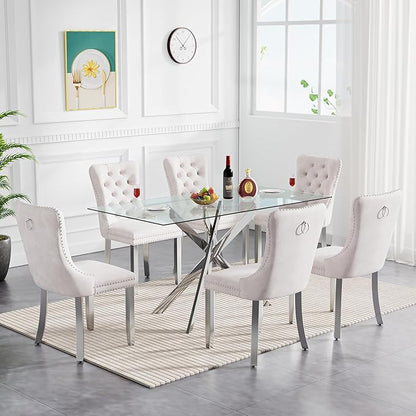 Goujxcy Glass Dining Table Set for 6, Modern Kitchen Table and Chairs Set of 6, 7-Piece Kitchen Dining Room Table Set w/61 Glass Silver Dining Table and 6 Beige Velvet Upholstered Chairs