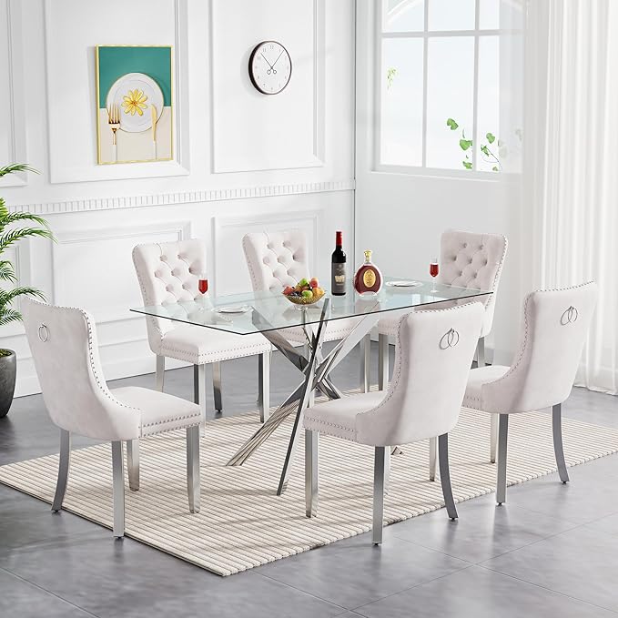 Goujxcy Glass Dining Table Set for 6, Modern Kitchen Table and Chairs Set of 6, 7-Piece Kitchen Dining Room Table Set w/51 Glass Metal Dining Table and 6 Beige Velvet Upholstered Chairs