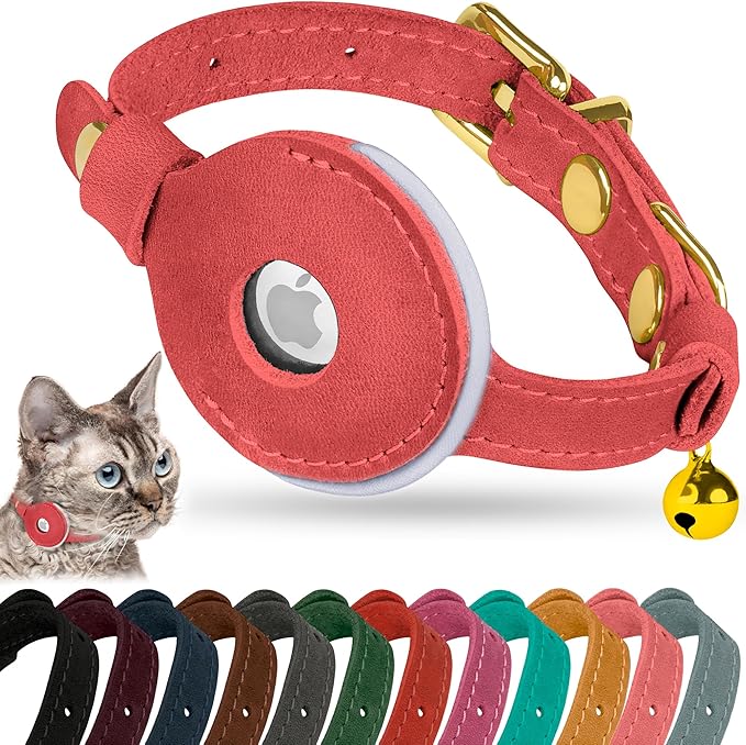 OOPSDOGGY Reflective Leather AirTag Cat Collar with Bell - Non Breakaway Adjustable Pet Collar with Apple Air Tag Holder - Lightweight GPS Kitten Collars for Small Dogs Puppy (Pink)