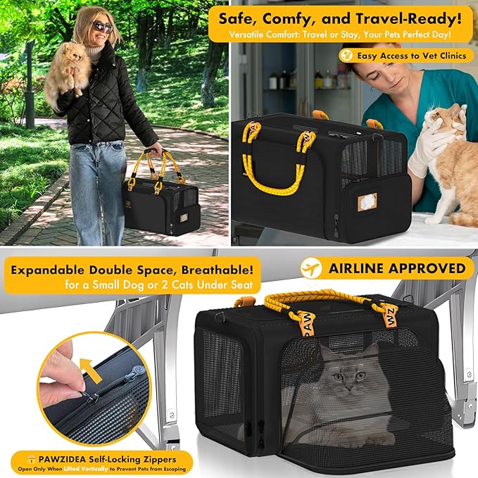 PAWZIDEA Expandable Pet Carrier with Wheels, 18"x11"x11" TSA Airline Approved Cat Carrier for 2 Cats Under Seat, Soft-Sided Dog Carrier for Small Dogs Rolling Travel Bag w/Telescopic Handle, ID Card