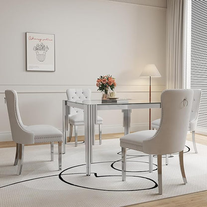 5 Piece Glass Dining Table Set, Morden Kitchen Table Set for 4 with 35" Clear Glass Dining Table and 4 White Velvet Upholstered Chairs for Kitchen, Silver Legs