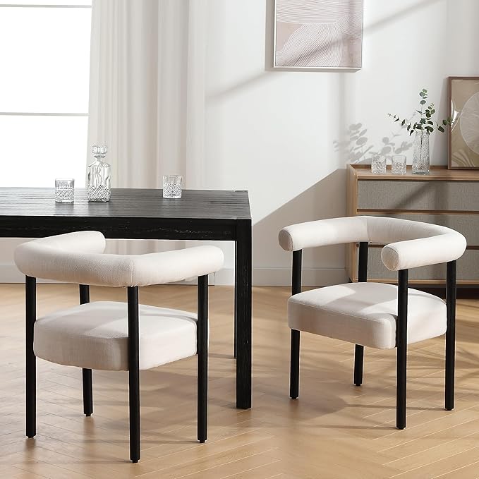 Beige Linen Dining Chairs Set of 2, Modern Upholstered Curved Backrest Kitchen Dining Room Chairs Accent Armchairs with Black Wood Legs, Beige Linen
