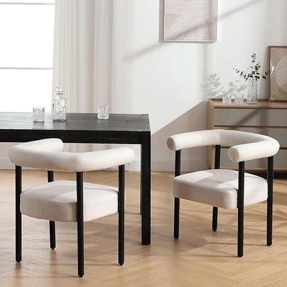 Beige Linen Dining Chairs Set of 4, Modern Upholstered Curved Backrest Kitchen Dining Room Chairs Accent Armchairs with Black Wood Legs