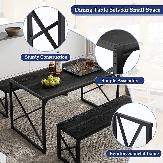 VECELO Kitchen Dining Table Benches Set for 4, 55" Wooden Dinette with 2 Benches, Heavy-Duty Dining Room Table for Small Space, Breakfast Nook, Black