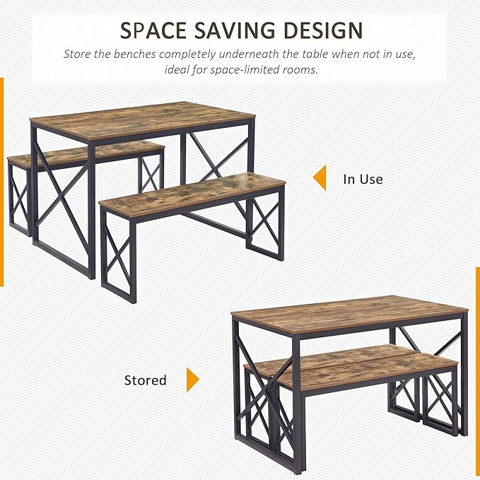 VECELO Kitchen Dining Table Benches Set for 4, 43.3" Wooden Dinette with 2 Benches, Heavy-Duty Dining Room Table for Small Space, Breakfast Nook, BrownRustic Brown