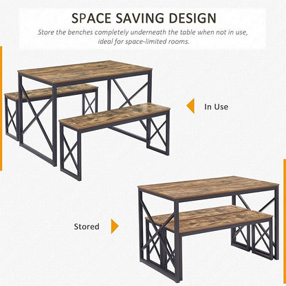 VECELO Kitchen Dining Table Benches Set for 4, 43.3" Wooden Dinette with 2 Benches, Heavy-Duty Dining Room Table for Small Space, Breakfast Nook, BrownRustic Brown