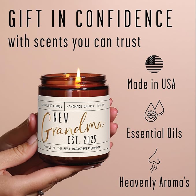 New Grandma Gifts First Time - 'New Grandma 2025' Candle, w/Sandalwood Rose I First Time Grandma Gifts I Promoted to Grandma Announcement I Grandma to Be I New Grandmother Gift I 50hr Burn, USA Made