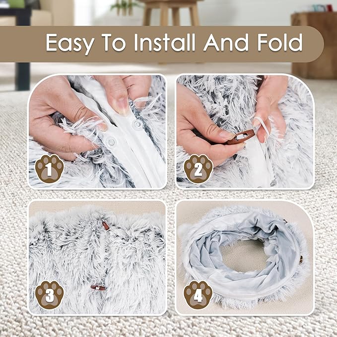 Cat Tunnel Bed for Indoor Cats, Peekaboo Cat Cave with Washable Soft Play Mat, Furry Cat Tube, for Kitten/Puppy/Rabbit, Grey