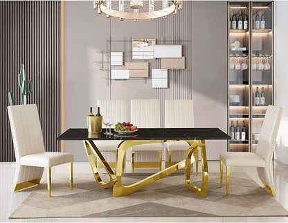 AUZ White Leather Dining Chairs Set of 6, Luxury White and Gold Upholstered Dining Room Chairs with Nailhead Trim, Modern Dining Chair with Polished Gold Metal Legs