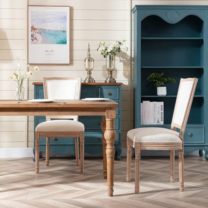 Nrizc Farmhouse Dining Room Chairs Set of 2, French Dining Chairs with Square Back, Brown Wood Legs, French Bistro Chairs for Dining Room/Living Room/Kitchen/Restaurant, Beige