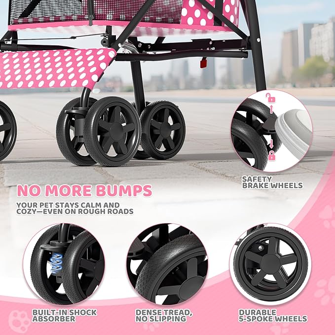 Magshion Compact Pet Stroller for Small-Medium Dogs/Cats up to 22lbs, 4-Wheel Lightweight Umbrella Shaped Portable Puppy Travel Jogger with Breathable Mesh, Cup Holder & Rear Storage, Pink Polka Dots