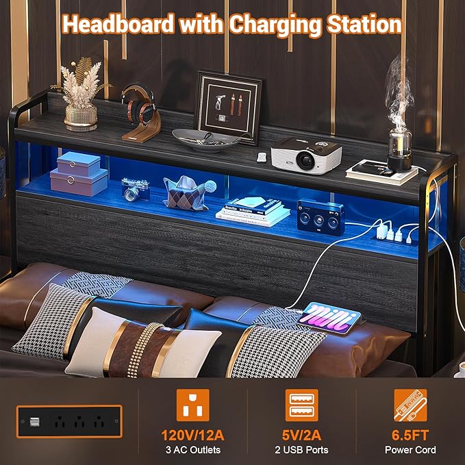 Aheaplus Headboard for Full Size Bed Frame, Headboards with Outlets, USB Ports and LED Light, Head Board with Storage, Height Adjustable, Sturdy and Stable Headboard, Full Size, Black Oak