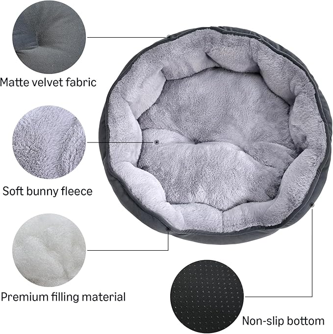 Amazon Basics Round Dog Bed for Medium Dogs, Cat Beds for Indoor Cats, Washable Pet Bed with Soft Plush Cushion, Anti-Slip Bottom, 25x21x8 Inches, Gray