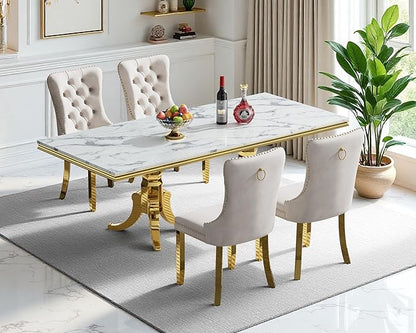 Goujxcy Faux Marble Dining Table Set for 4, Modern 5-Piece Dining Table Set with 4 Velvet Upholstered Chairs, 70" Large Long Faux Marble Kitchen Dining Room Table and Chairs with Stainless Steel Legs