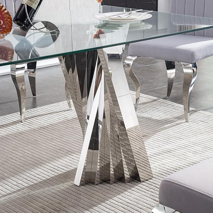 Goujxcy Modern 5 Piece Glass Dining Table Set Luxury Glass Kitchen Table and Chair Set for 4, 70" Large Rectangular Dining Room Table with 4 Tufted Chairs and Stainless Steel Legs (Silver & Blue)