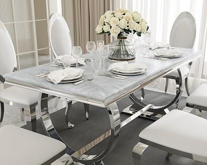 Asday 72 inch Modern Dining Room Table with Silver Stainless Steel Metal U-Base in Grey Silver