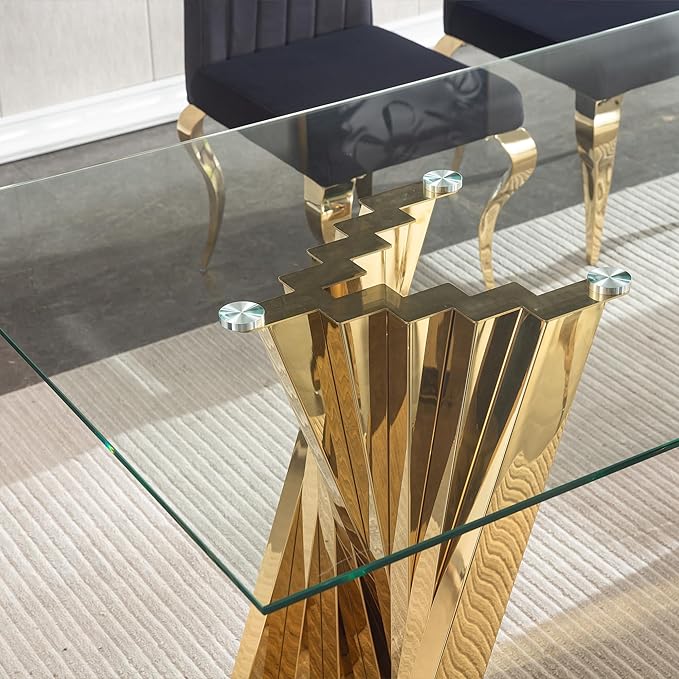 Goujxcy Modern 7 Piece Glass Dining Table Set Luxury Glass Kitchen Table and Chair Set for 6, 70" Large Rectangular Dining Room Table with 6 Tufted Chairs and Stainless Steel Legs (Gold & Black)