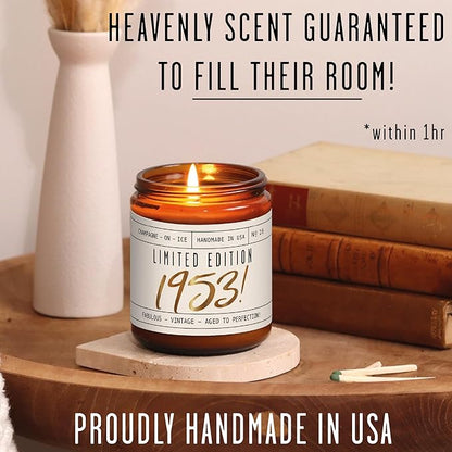 72nd Birthday Gifts for Women - 'Limited Edition 1953' Soy Candle, w/Champagne on Ice I 72 Birthday Gifts for Women I 72nd Birthday Gift for Her Ideas I 9oz Reusable Jar, 50Hr Burn, Made in USA