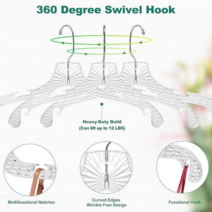 Quality Hangers 96 Pack Clear Plastic Hangers with Super Easy 360 Degree Swivel Hook – Shirt Hangers with Precision Notches for Secure Hanging – Slim Crystal Coat Hangers – 17 Inches (96, 17")