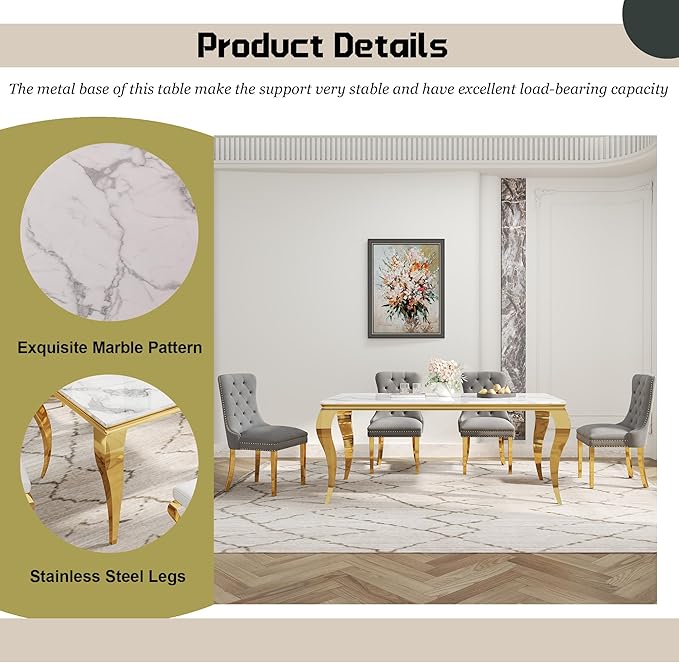 7-Piece Dining Table Set for 6, Faux Marble Dining Table Set with 70'' Marble Dinner Table and 6 Velvet Wing Back Chairs for Kitchen, Dining Room, Gray & Gold