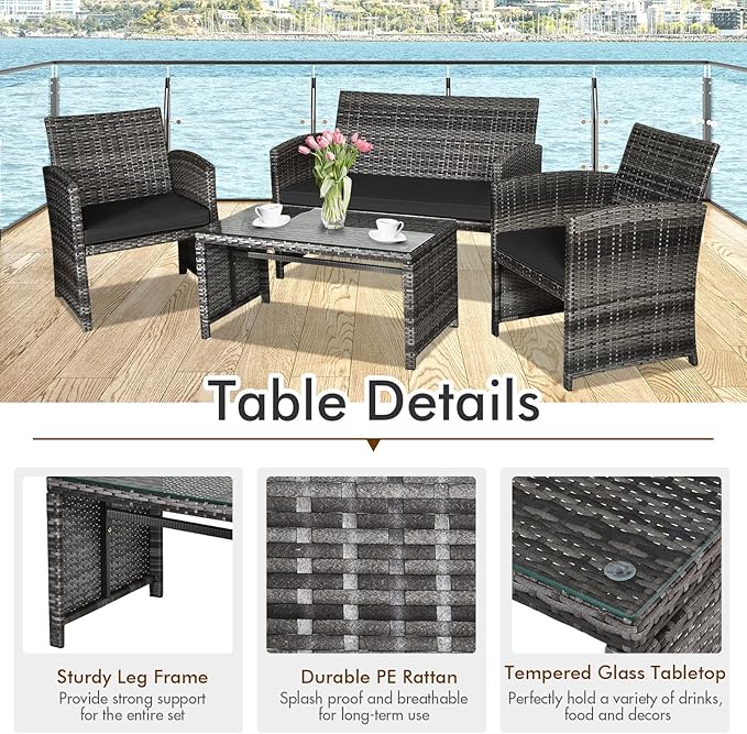 Goplus 4-Piece Rattan Patio Furniture Set, Outdoor Wicker Conversation Sofa with Weather Resistant Cushions and Tempered Glass Tabletop for Lawn Backyard Pool Garden (Black)