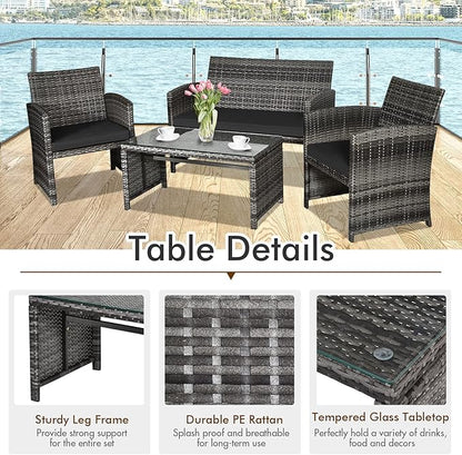 Goplus 4-Piece Rattan Patio Furniture Set, Outdoor Wicker Conversation Sofa with Weather Resistant Cushions and Tempered Glass Tabletop for Lawn Backyard Pool Garden (Black)
