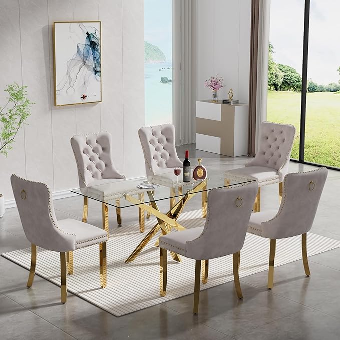 51-Inch Glass Dining Room Table for 4-6 People, Modern Rectangular Kitchen Dining Table with Gold Cross-Shape Stainless Steel Legs for Apartment Kitchen Dining Room