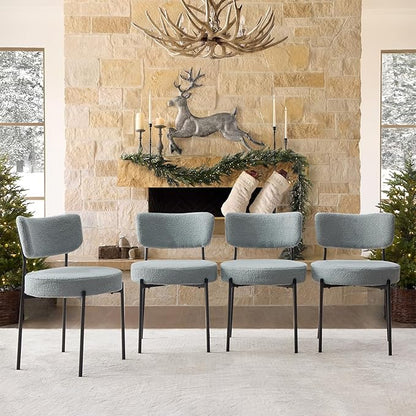 Grey Boucle Dining Chairs Set of 2, Upholstered Dinner Chair with Metal Frame, Dining Room Chairs with Padded Seat, Round Modern Seating for Living Room
