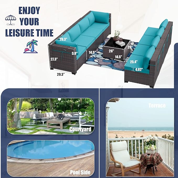 Kurapika 7 Pieces Patio Furniture Set, Rattan Wicker Outdoor Conversation Sets w/4 Inch Cushion and Glass Coffee Table(Blue)