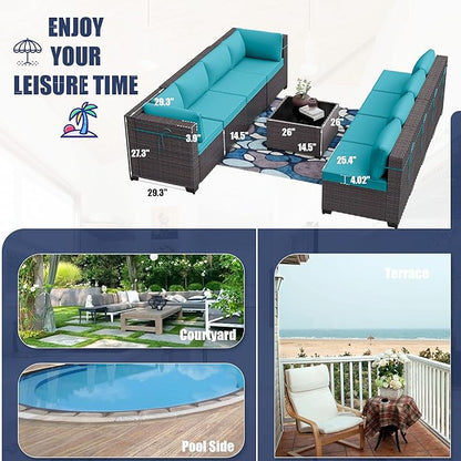 Kurapika 7 Pieces Patio Furniture Set, Rattan Wicker Outdoor Conversation Sets w/4 Inch Cushion and Glass Coffee Table(Blue)