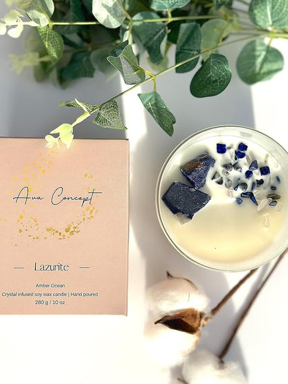 Healing Crystal Candle, Scented Candle Infused Lazurite Clear Quartz Crystals, Amber Ocean Scented, Positivity Energy, Cleansing Wellness, Gift for Women, Aromatherapy Clean Vegan 10Oz Jar
