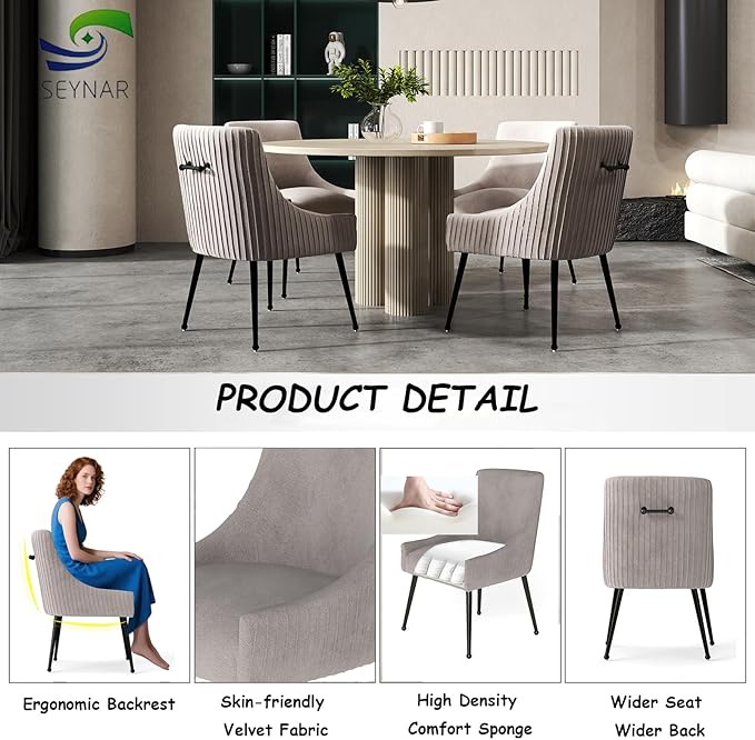 Velvet Dining Chairs Set of 4,Gray Upholstered Living Room Chairs with Black Metal Legs, Modern Tufted Accent Chairs for Living Room, Study Room, Kitchen