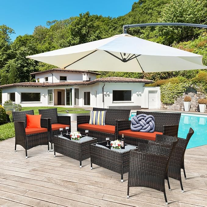 Tangkula 8 PCS Patio Rattan Conversation Set, Outdoor Wicker Furniture Set with Tempered Glass Coffee Table &Thick Cushion, Rattan Chair Wicker Set for Garden, Lawn, Poolside and Backyard (2, Orange)