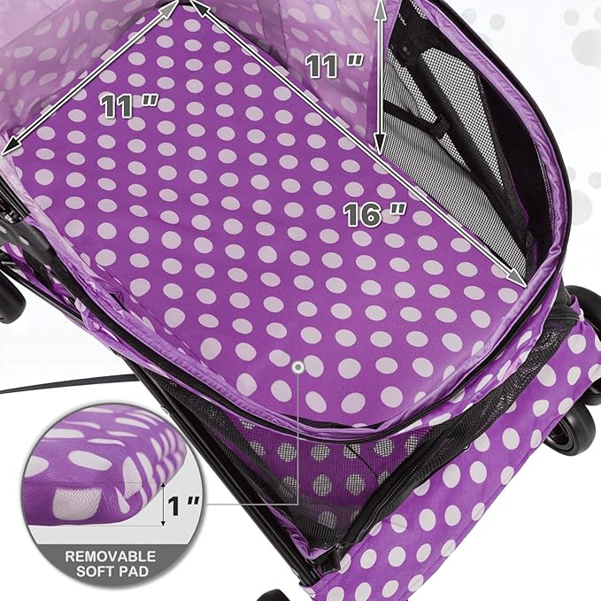 MoNiBloom 4 Wheels Pet Stroller, Easy-Fold Umbrella Shaped Dog Cat Jogger Stroller w/Storage Bag & Visible Mesh for Small/Medium Dogs Cats Purple Polka Dots