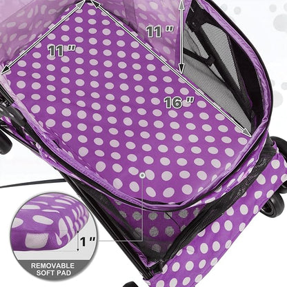 MoNiBloom 4 Wheels Pet Stroller, Easy-Fold Umbrella Shaped Dog Cat Jogger Stroller w/Storage Bag & Visible Mesh for Small/Medium Dogs Cats Purple Polka Dots