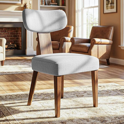 Dining Chairs, Mid-Century Modern Upholstered Kitchen Chairs with Curved Backrest and Linen Fabric Seat, Wood Leg Accent Chairs for Dining Room, Living Room, Bedroom, Grey