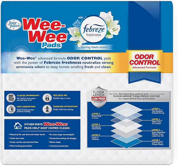 Four Paws Wee-Wee Odor Control with Febreze Freshness Pee Pads for Dogs & Puppies, Leak-Proof Dog Housebreaking Potty Training Floor Protection, Spring Fresh Scent, 22" x 23", 100 Count