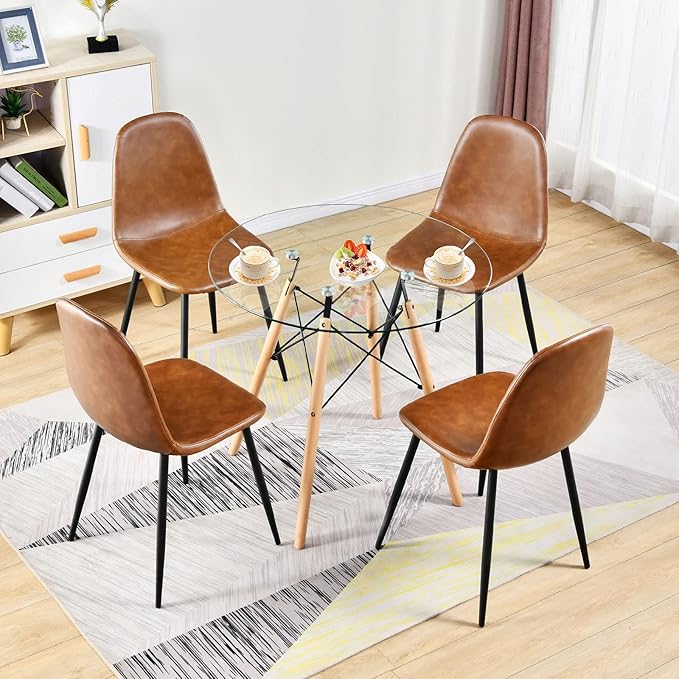 31.5 Inch Small Round Dining Table for 4 People Kitchen Home Modern Leisure Wood Legs Table Glass