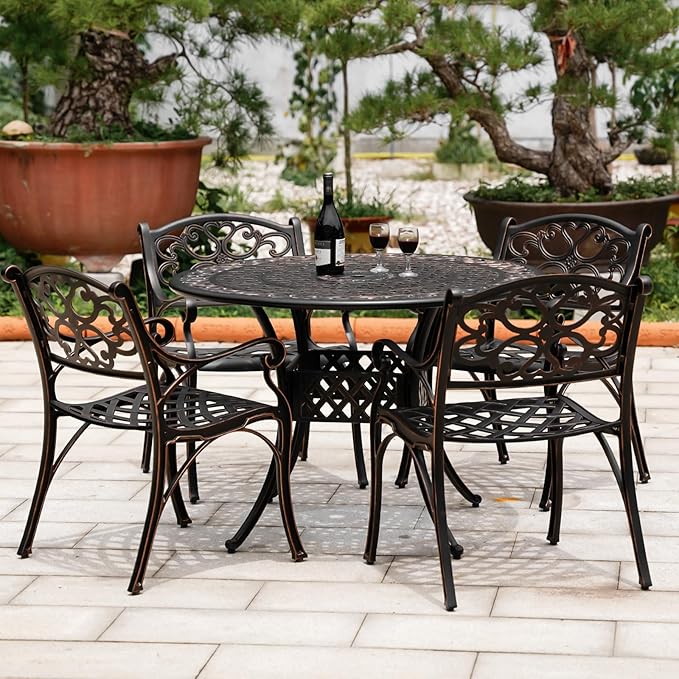 42" Round Cast Aluminum Patio Table with 4-6 Person,Outdoor Patio Dining Table with 1.7" Umbrella Hole,Metal Patio Table for Garden,Porch,Yard,Bronze
