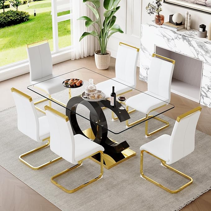 63'' Glass Dining Table Set for 6, Kitchen Table Chairs Set of 6, Clear Glass Dining Table with Black unique design Leg and Gold Metal Base, 6 PU Dining Chairs with Metal Legs, Living Room, Kitchen.