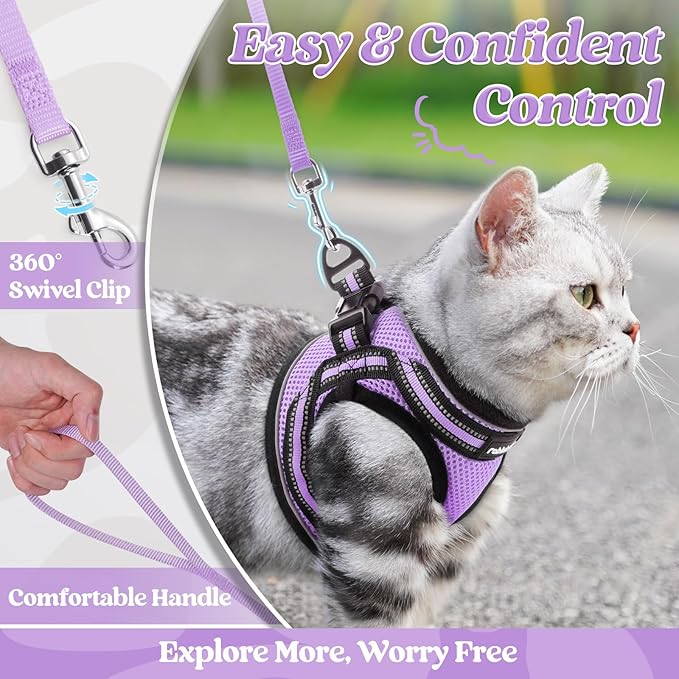 rabbitgoo Cat Harness and Leash Set for Walking Escape Proof, Adjustable Soft Kittens Vest with Reflective Strip for Cats, Comfortable Outdoor Vest, Light Purple, L