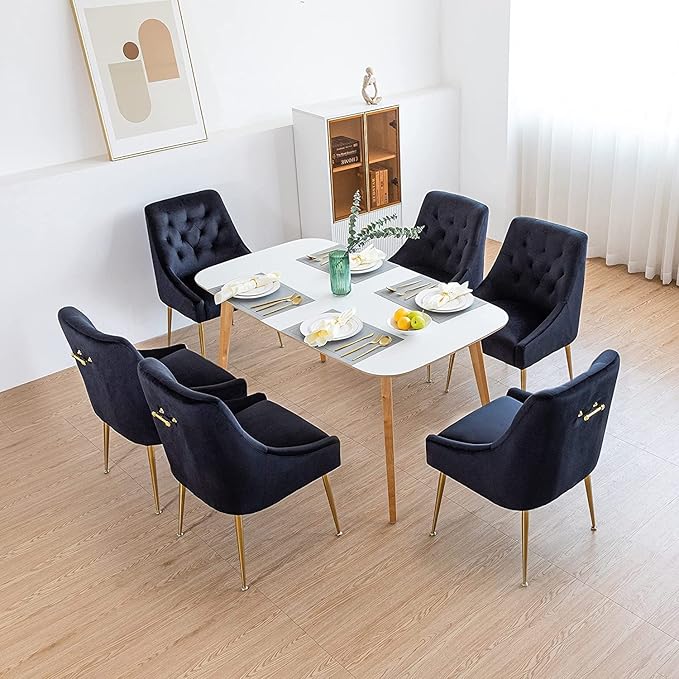 Modern Dining Chair Set of 4, Mid-Century Room Chair, Upholstered Comfortable Velvet with Back Pull Rod and Metal Legs for Kitchen, Dining, Living (Black), (DYXSD)