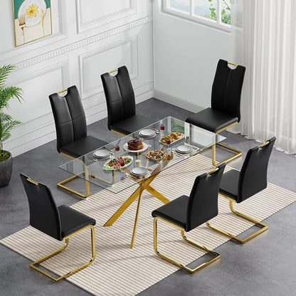 Modern Glass Dining Table Set for 6, Gold Glass Kitchen Table and Chairs Set of 6, 7 Piece Dining Room Table Set with 61" Rectangular Metal Glass Dinner Table and 6 Black Leather Dining Chairs