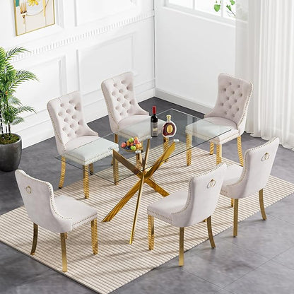 Goujxcy Glass Dining Table Set for 6, Modern Kitchen Table and Chairs Set of 6, 7-Piece Kitchen Dining Room Table Set w/61 Glass Gold Dining Table and 6 Beige Velvet Upholstered Chairs