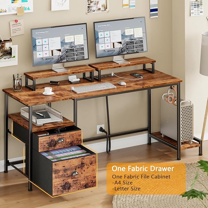 Furologee 47" Computer Desk with File Cabinet and Power Outlets, Home Office Desk with 2 Monitor Stands and Storage Drawer, Writing Gaming Table with Shelves and 2 Hooks for Bedroom, Rustic Brown
