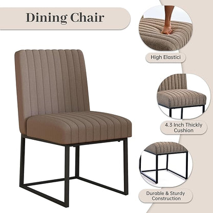 VKNOW Upholstered Dining Chairs Set of 6, Modern Dining Room Chairs with Stripe, Linen Kitchen Chair Dinner Chair with Black Metal Base for Kitchen Office, Brown