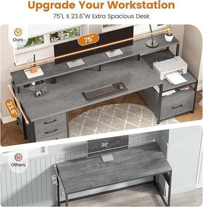 SEDETA 75'' Computer Desk with 5 Drawer, Power Outlet & Led Lights, Home Office Desk with File Drawer, Storage Shelves, Printer Cabinet and Monitor Shelf, 23.6" W Large Desktop Gaming Desk, Grey
