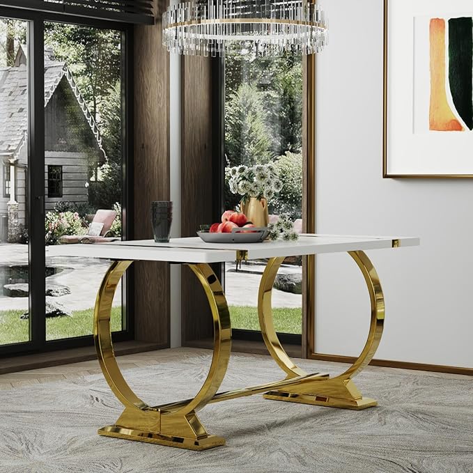 ACEDÉCOR 60" White and Gold Dining Table for 4-6, Modern Rectangular Lacquer Top and Polished Stainless Steel U Shaped Base