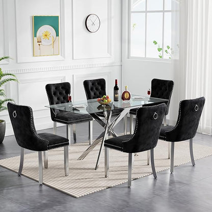 Goujxcy Glass Dining Table Set for 6, Modern Kitchen Table and Chairs Set of 6, 7-Piece Kitchen Dining Room Table Set w/51 Glass Metal Dining Table and 6 Black Velvet Upholstered Chairs